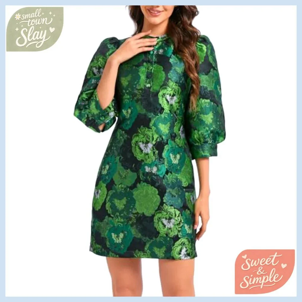 Floral Jacquard Shift Dress Long Puff Sleeve Button Up Cocktail Mini - Picture 5 of 7